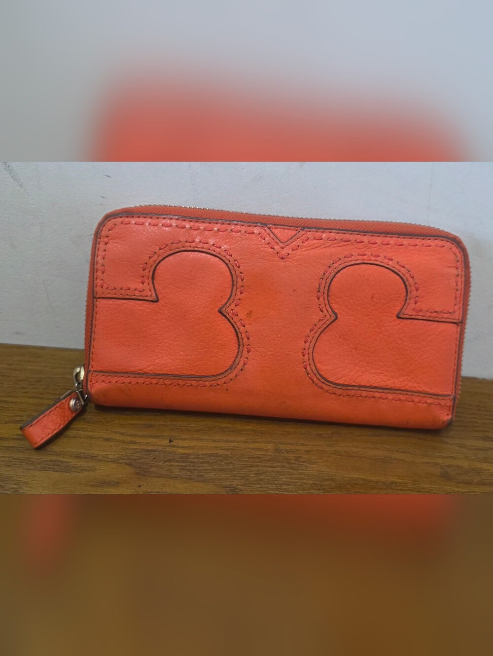 Tory burch Orange Pebbled Leather Wallet